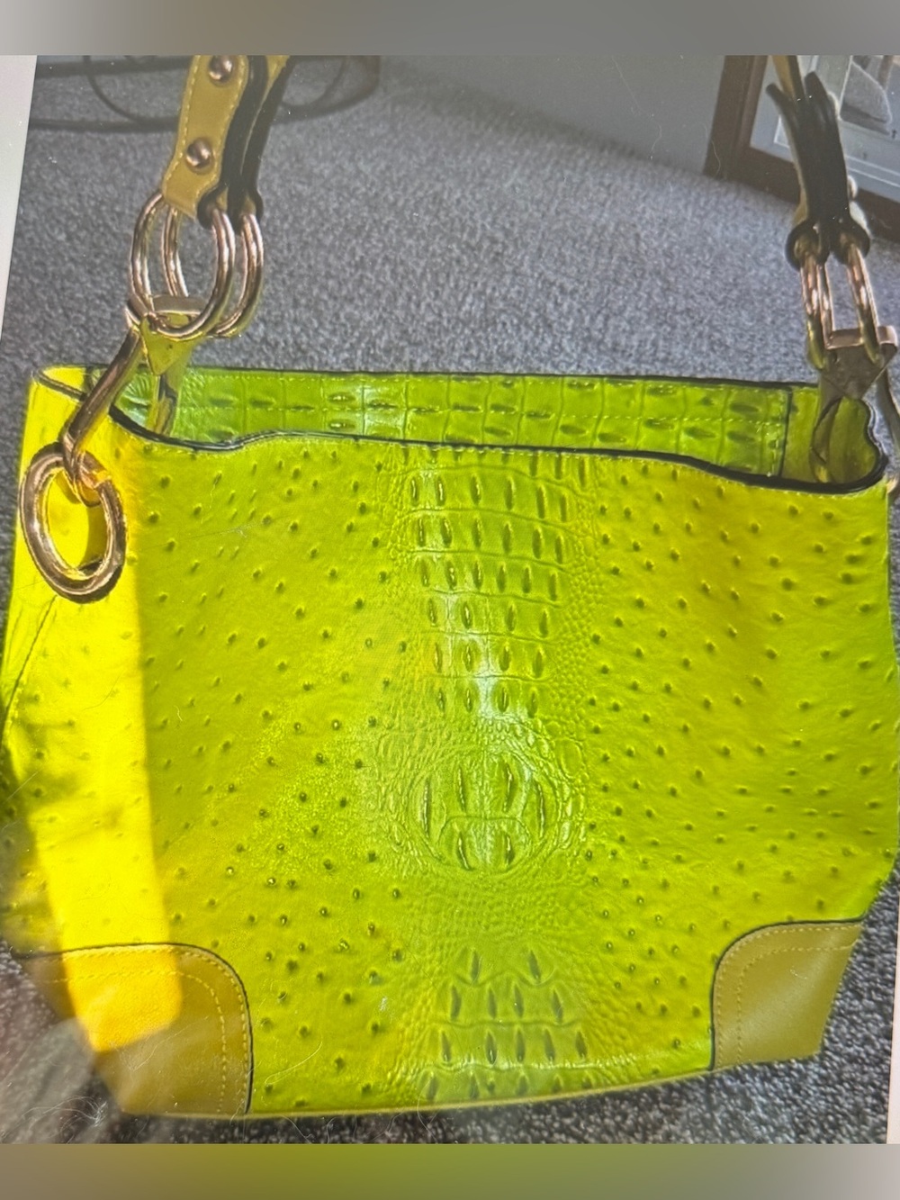 Chartreuse Ostrich Texture Shoulder bag with Silver color hardware NWOT